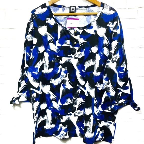 Anne Klein Brush Strokes Tie Sleeve Top 2X NEW - Picture 8 of 8